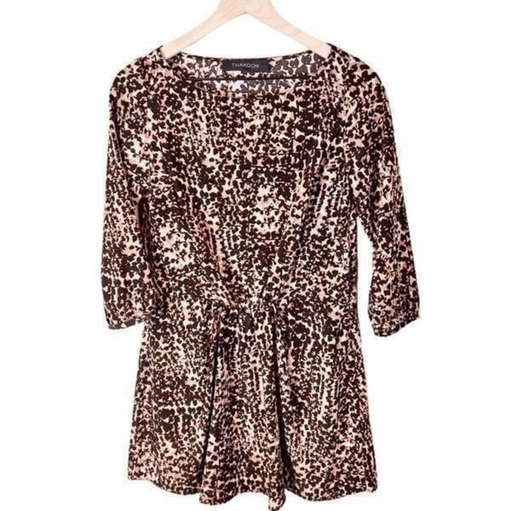 Thakoon Animal Print Gathered Waist Dress 3/4 Sleeve Brown Black Size 0